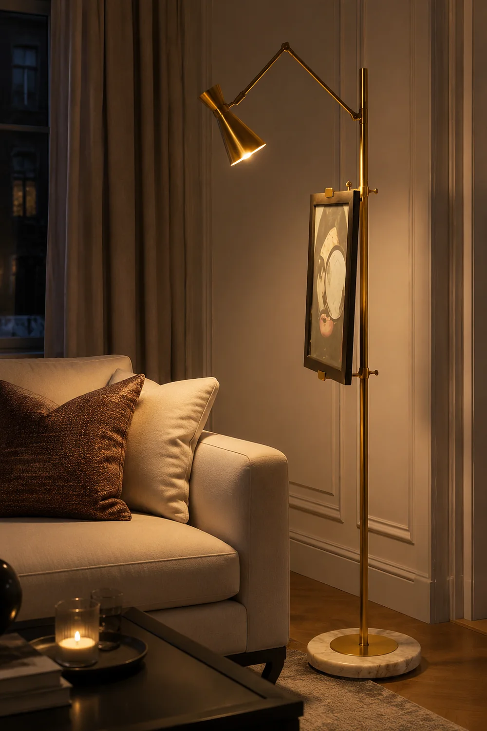 Carins Modern Art-deco Metal Easel Adjustable Floor Lamp, Brass - Lumpaz
