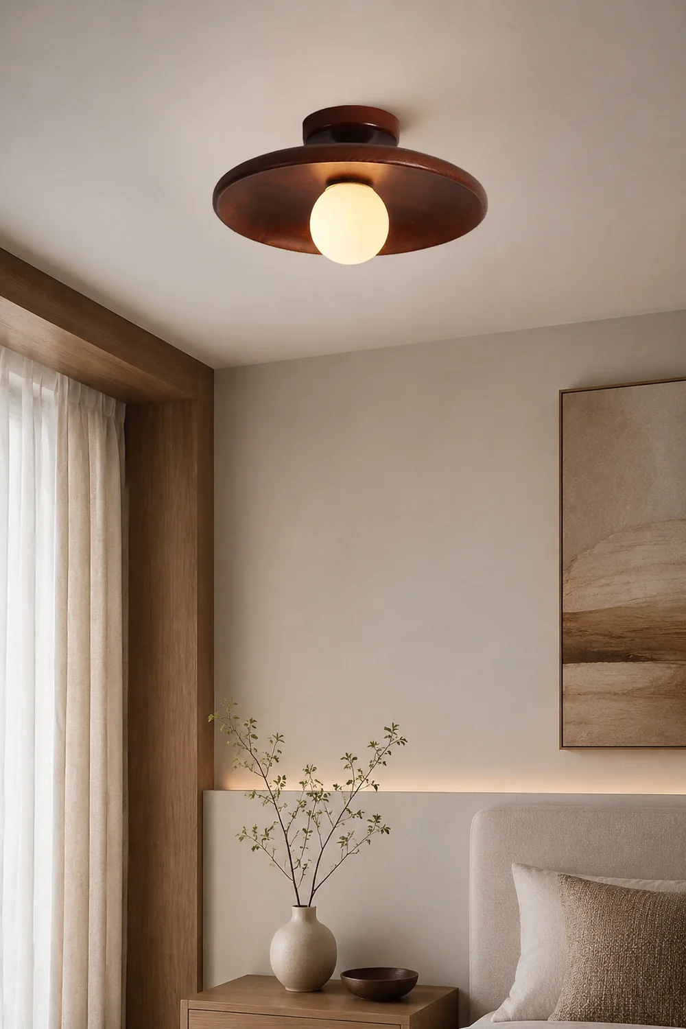 Carins Modern Round Flush Mount Ceiling Light Wood Walnut Bedroom - Lumpaz