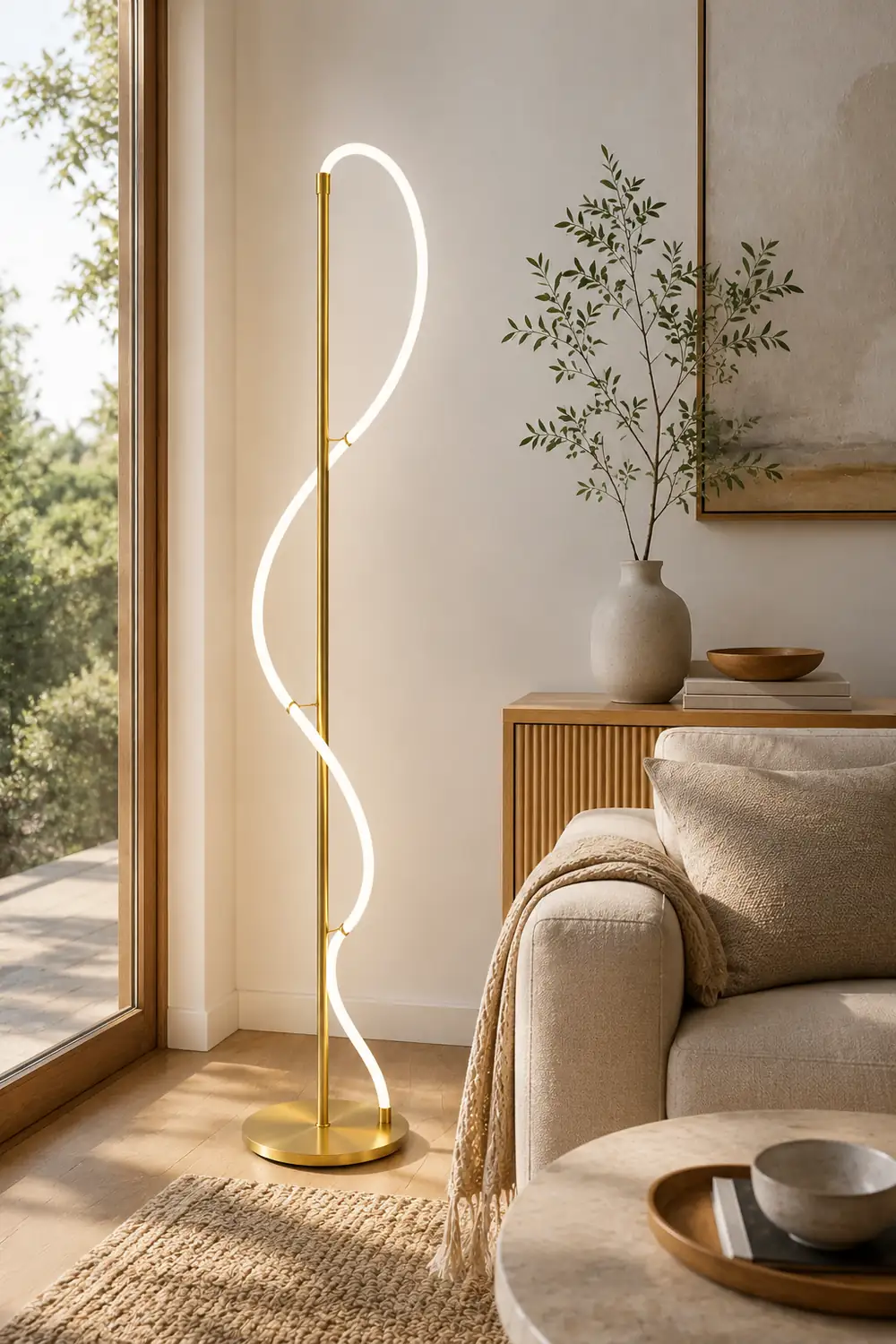 Modern Minimalis Linear Floor Lamp/Table, Brass - Lumpaz
