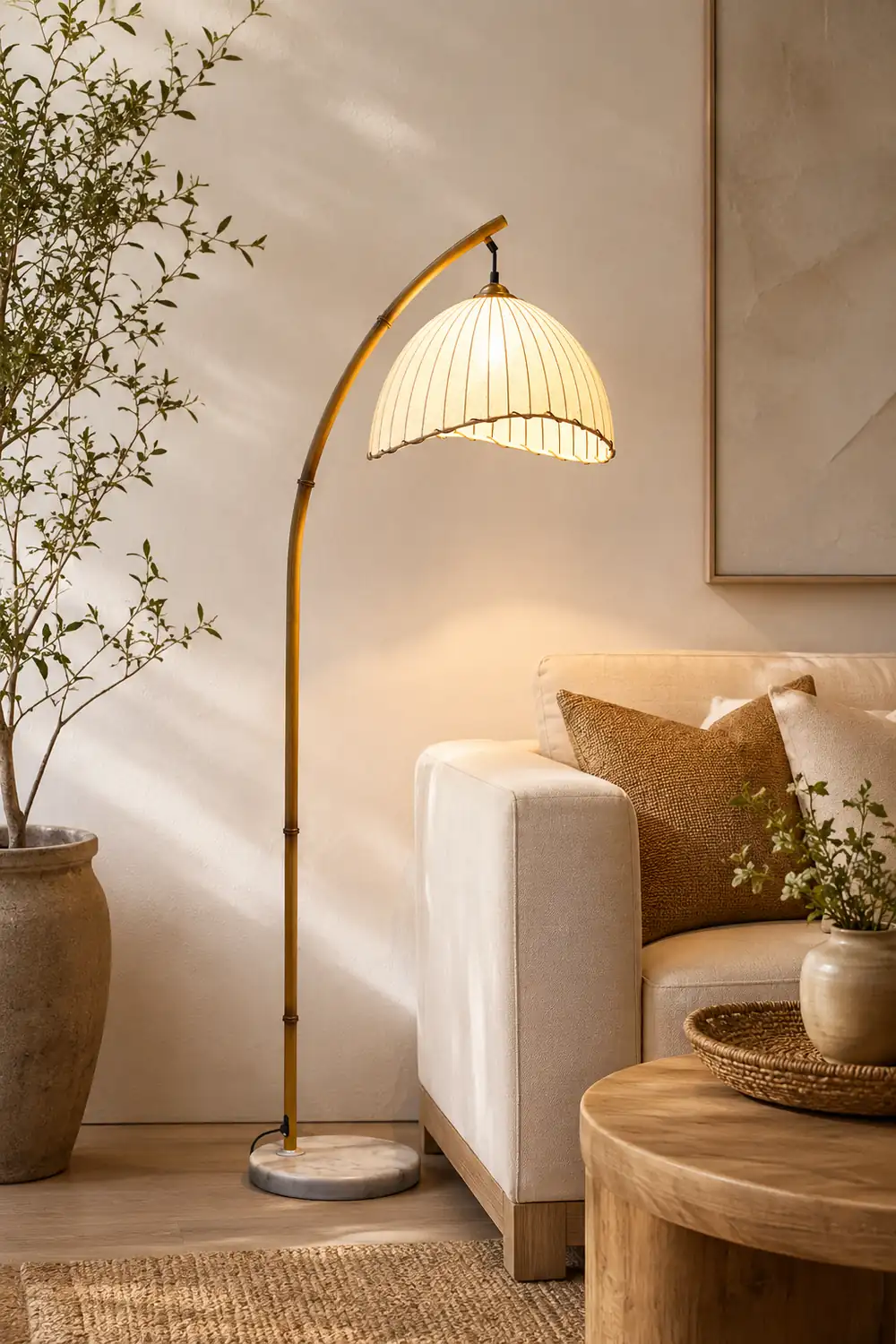 Ozawa Vintage Bamboo Shape Metal/Fabric Floor Lamp White - Lumpaz