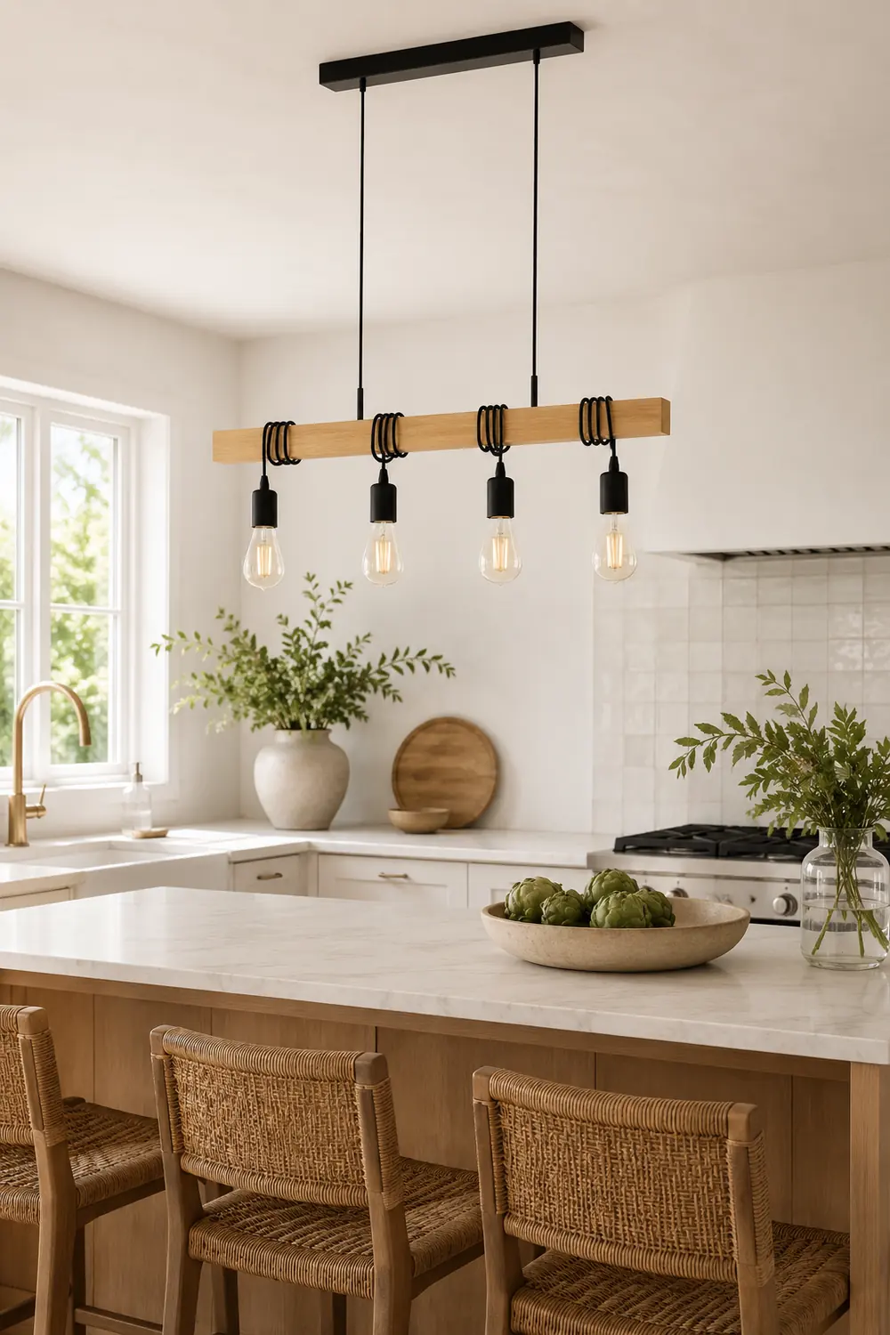 Alessio Rustic Linear Wood Pendant Light, Black, 4 Heads - Lumpaz