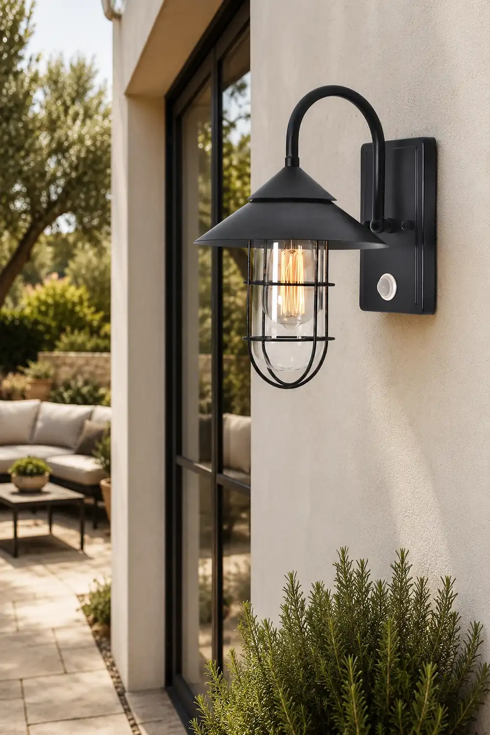 Retro Round Iron Glass Waterproof Motion Sensor Black Outdoor Wall Lights - Lumpaz