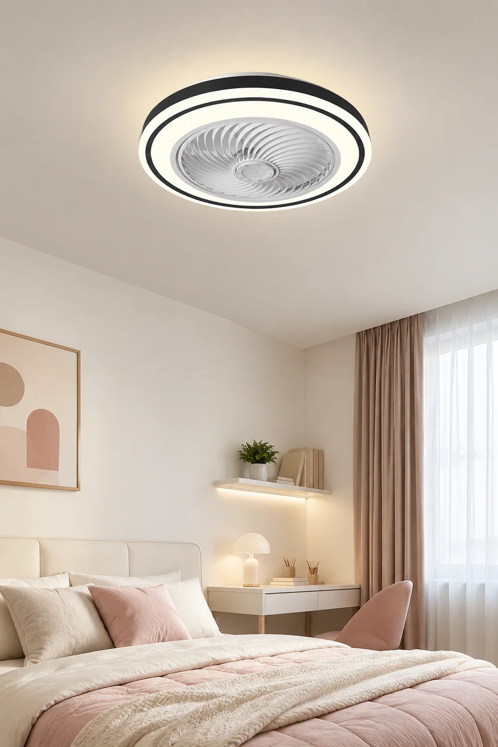 Quinn Round Ceiling Fan with Light, Bedroom - Lumpaz