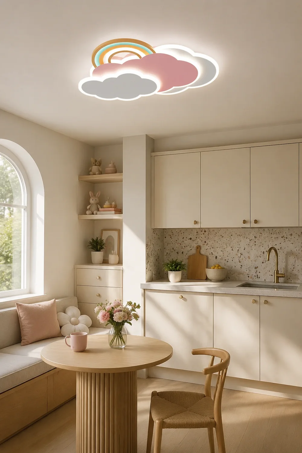 Minori Modern Cloud/Rainbow Metal/Acrylic Flush Mount Ceiling Light Pink/White - Lumpaz