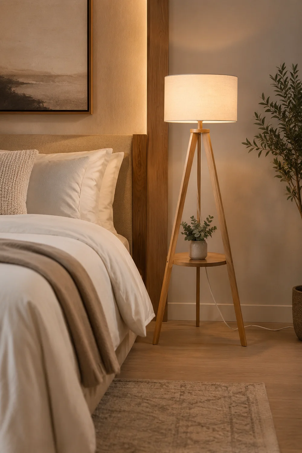 Ozawa Floor Lamp Triangle Vintage, Wooden/Fabric, Beige, Living Room - Lumpaz