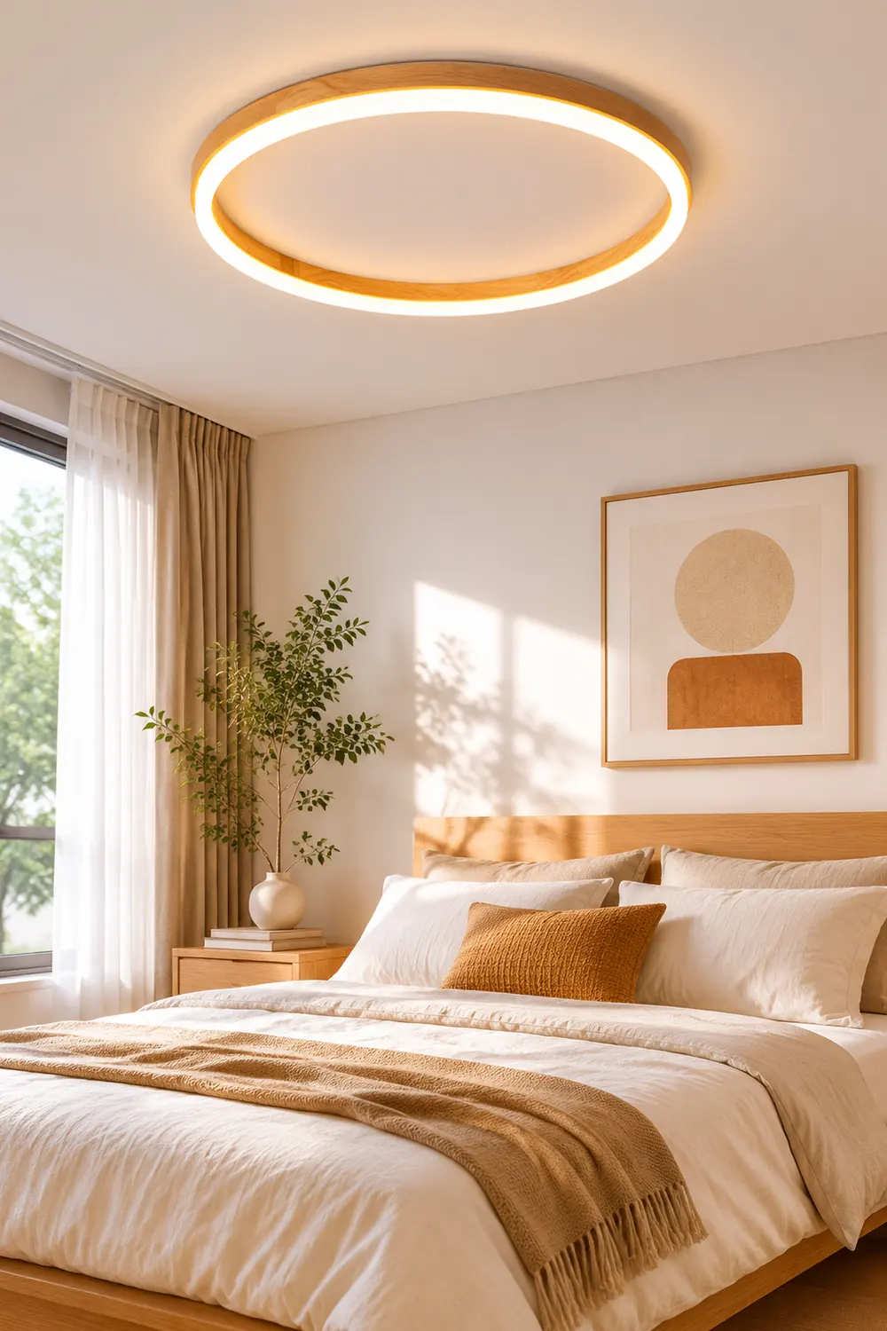 Ozawa Round Modern Flush Mount Ceiling Light Wood Acrylic Bedroom - Lumpaz