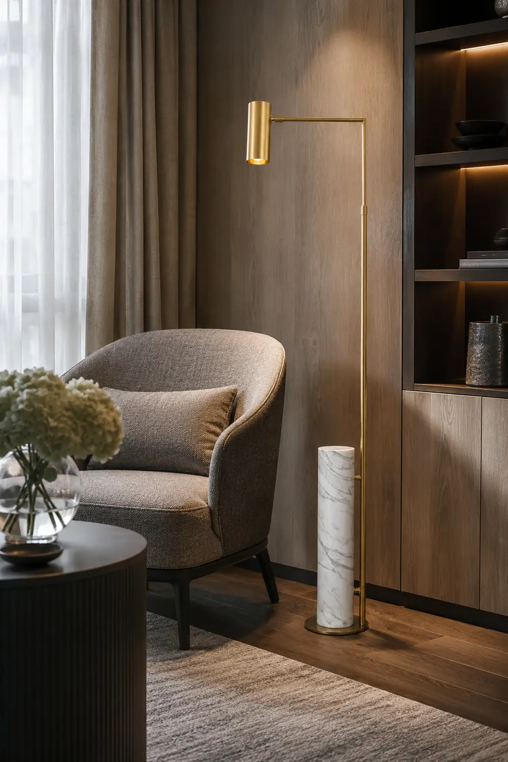 Salgado Minimalistic Gold Floor Lamp, Metal & Marble, Living room - Lumpaz