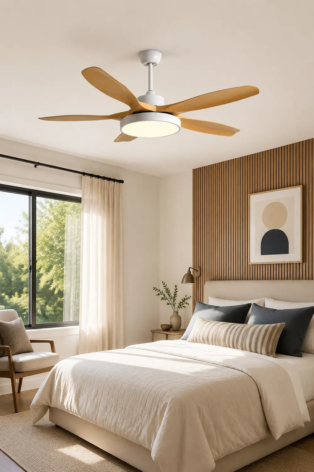 Ozawa Basic White & Black Modern 5-Blade DC Ceiling Fan with Light, Wood, 51'' - Lumpaz