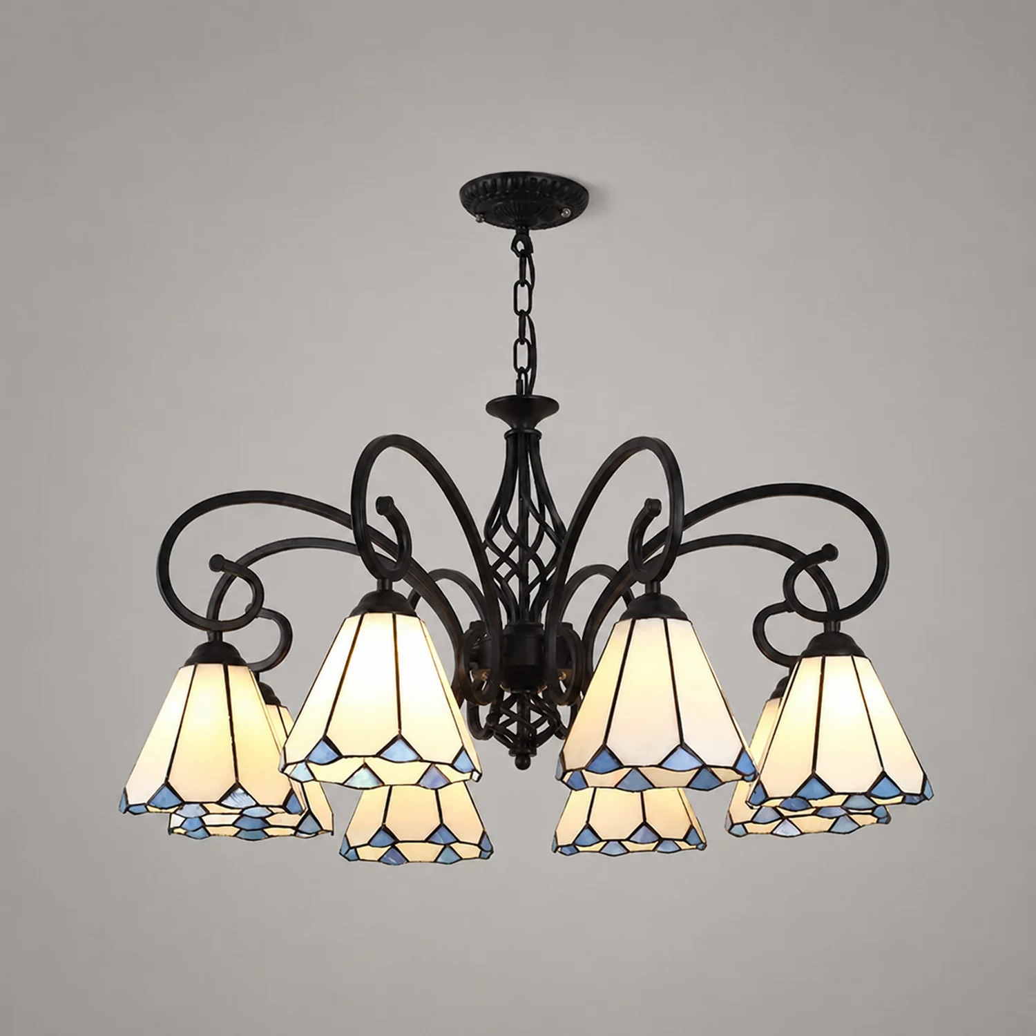 Silva Tiffany Mediterranean Branch Metal Chandelier, White/Blue/Navy Blue - Lumpaz