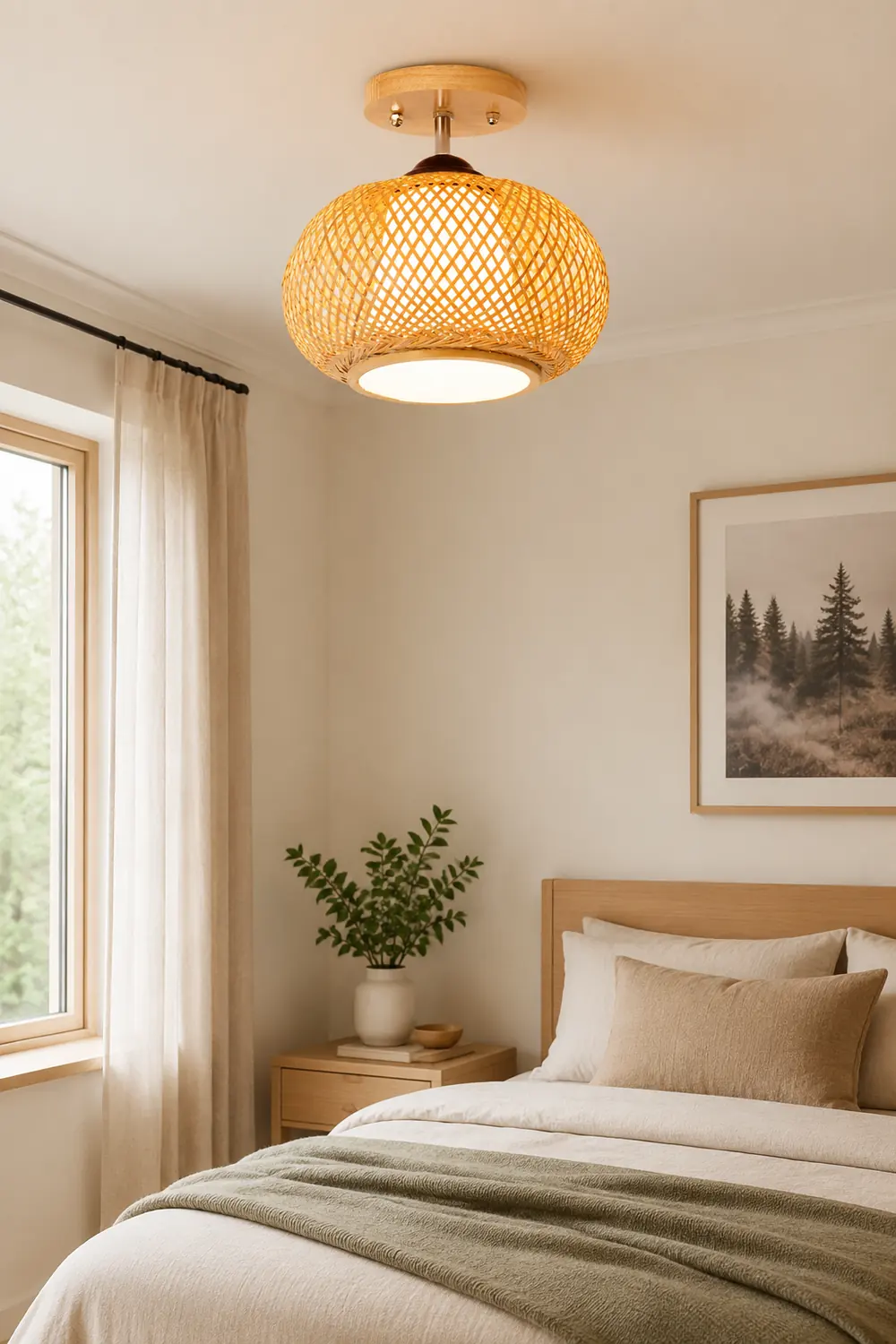 Muto Boho Flush Mount Rattan Ceiling Light, Living Room - Lumpaz