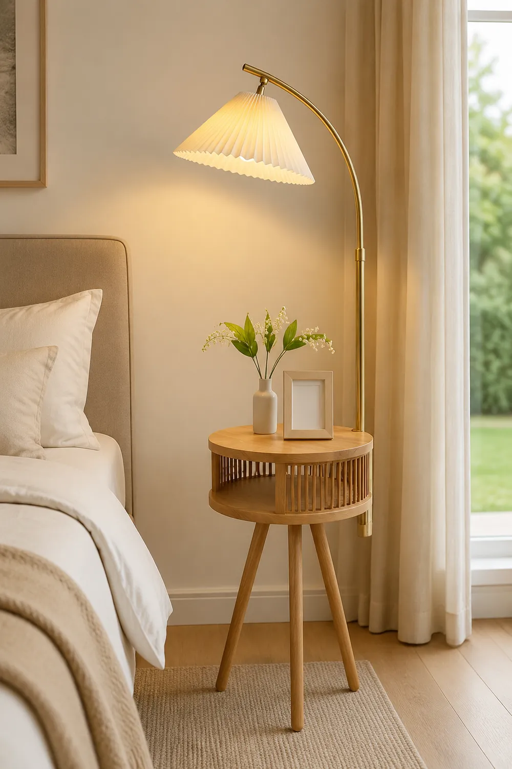 Ozawa Retro Pleated Metal & Wood Floor Lamp /w Bedside Table - Lumpaz