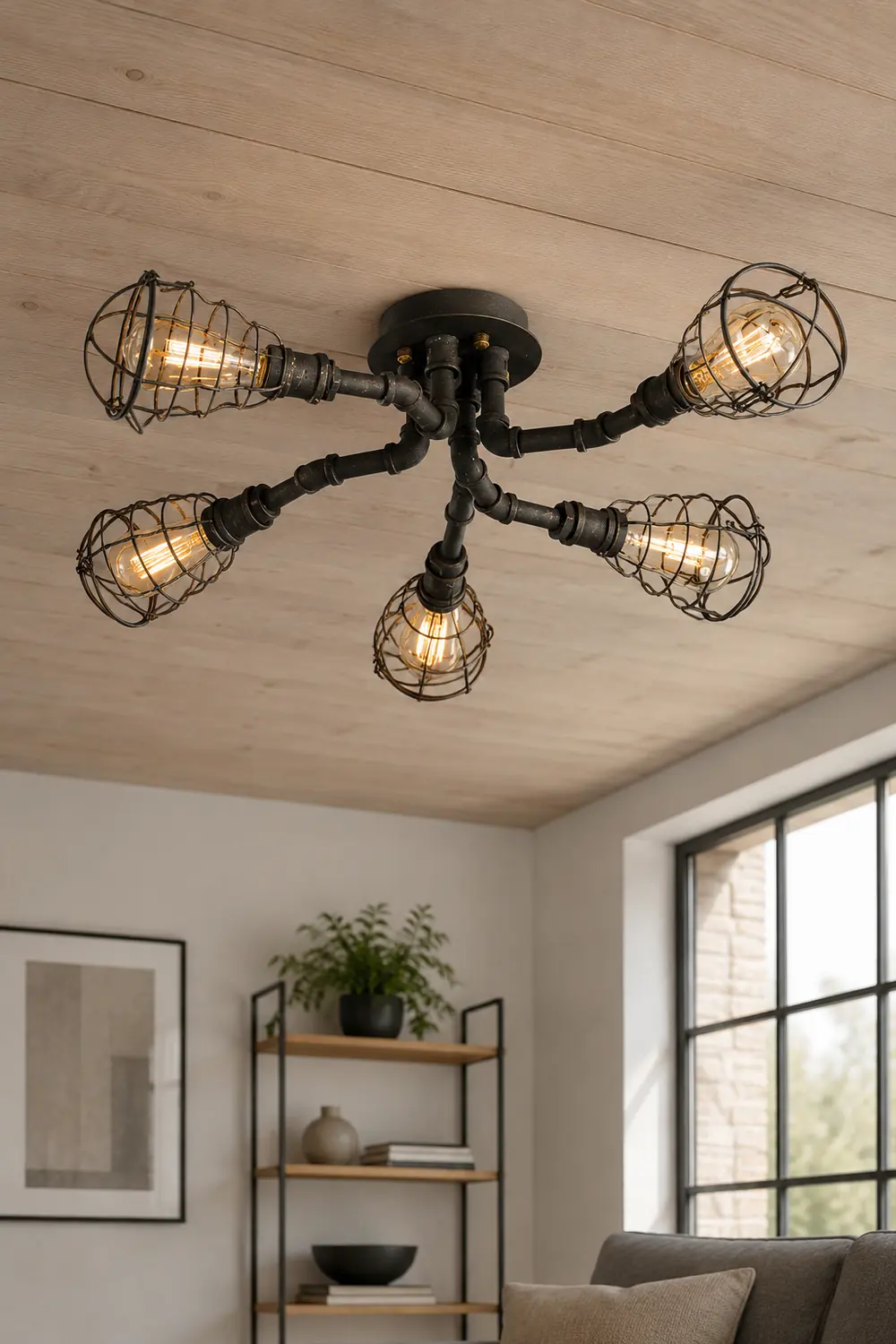 Alessio Industrial Flush Mount Ceiling Light, Black/Brass - Lumpaz