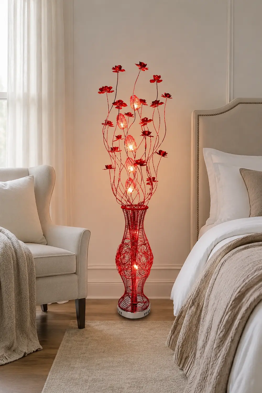 Bella Art Deco Flower Vase Metal Red Floor Lamp, Living Room - Lumpaz