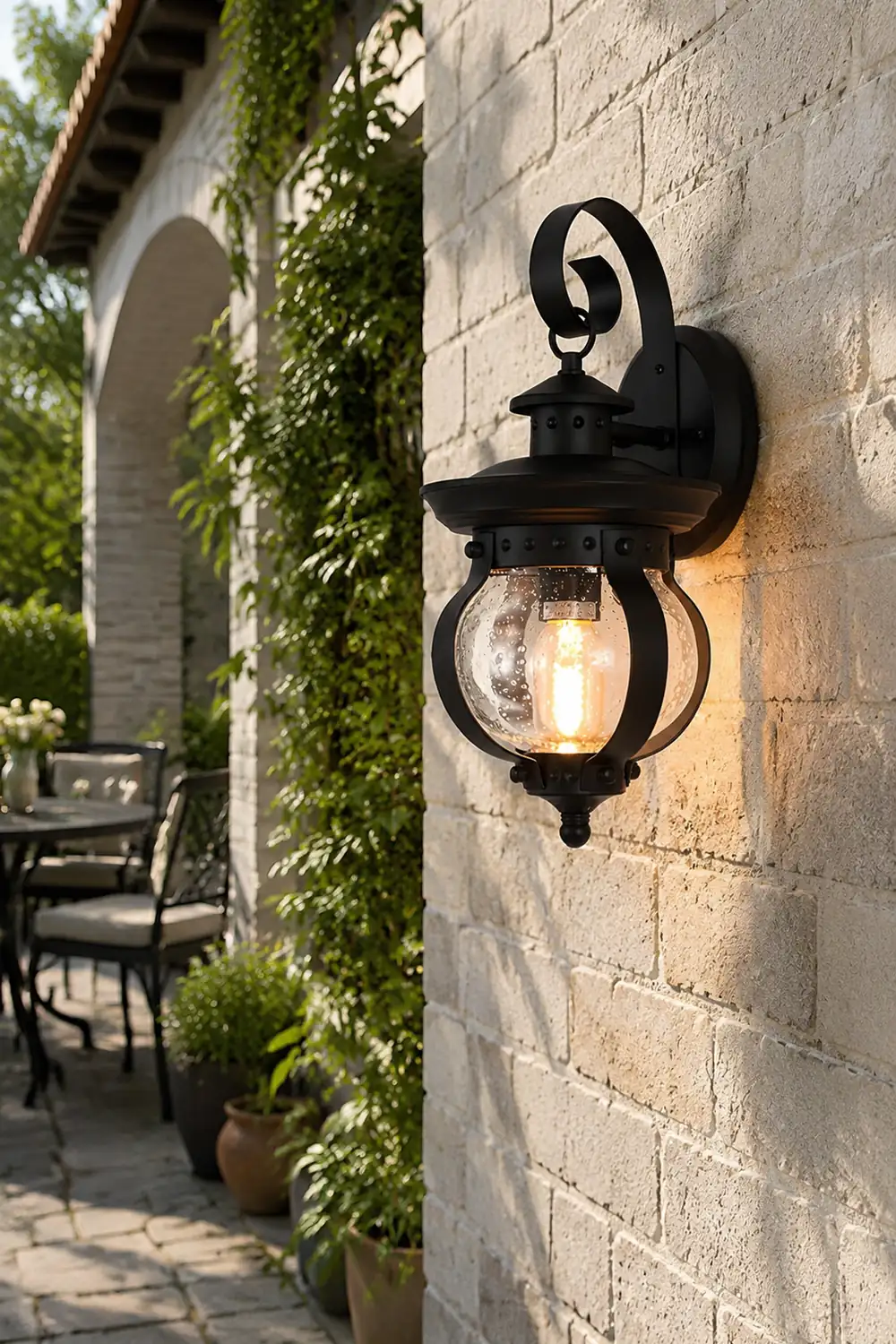 1-Light Seeded Glass Globe LED Outdoor Wall Lantern with Curved Arm - Lumpaz
