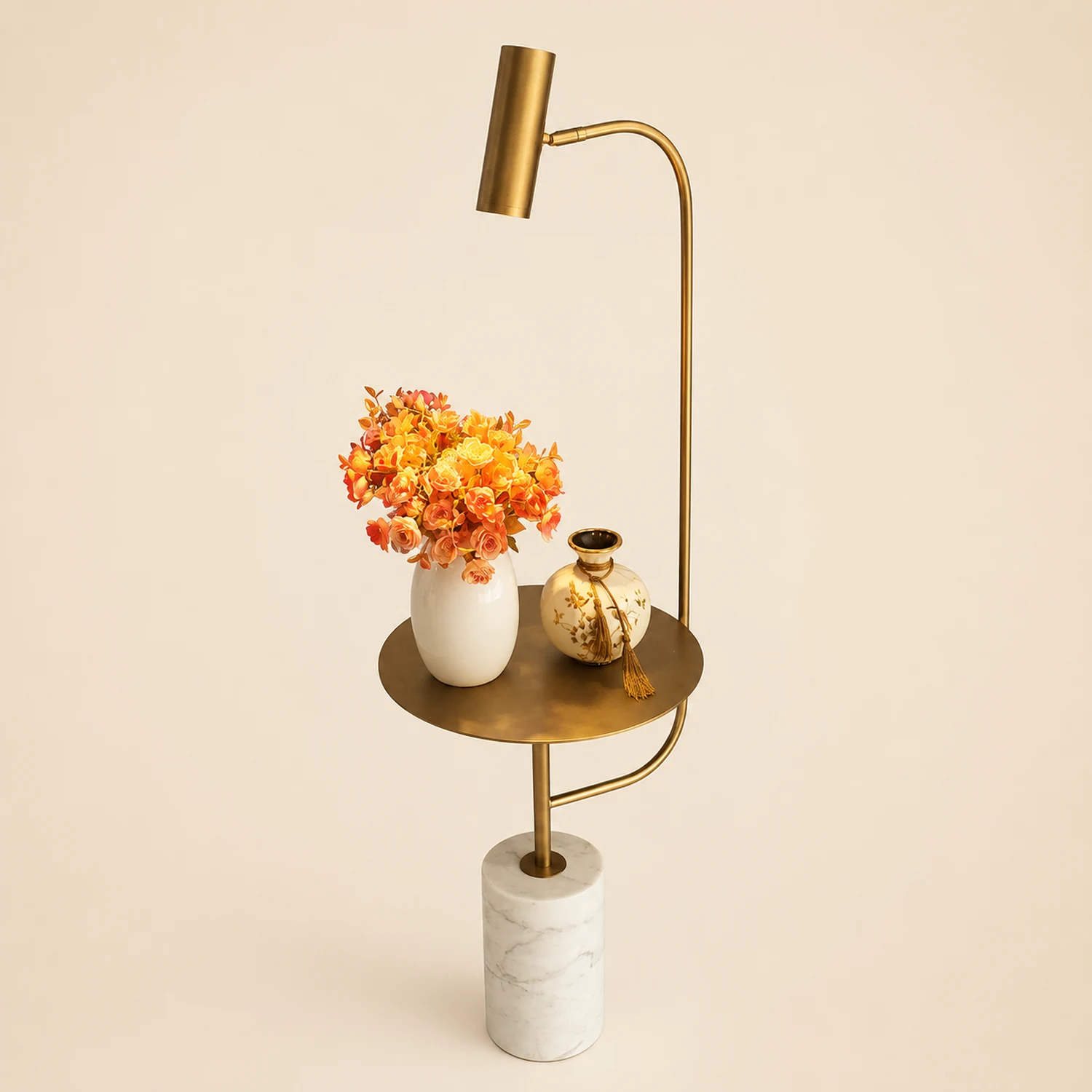 Salgado Minimalist Metal Floor Lamp With Table, Black/Gold - Lumpaz