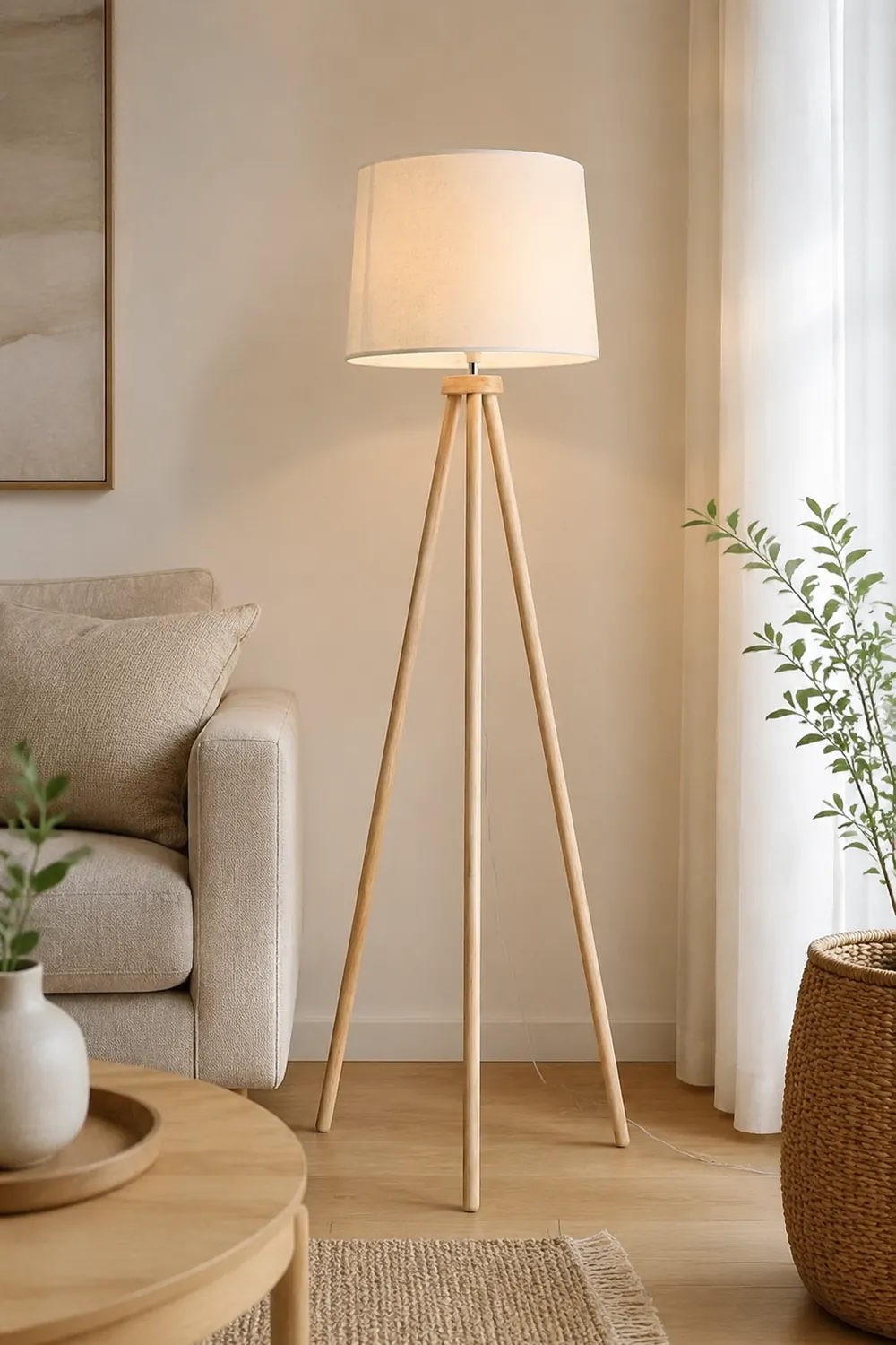 Muto Modern Cylinder Wood Fabric Floor Lamp, White/Beige - Lumpaz