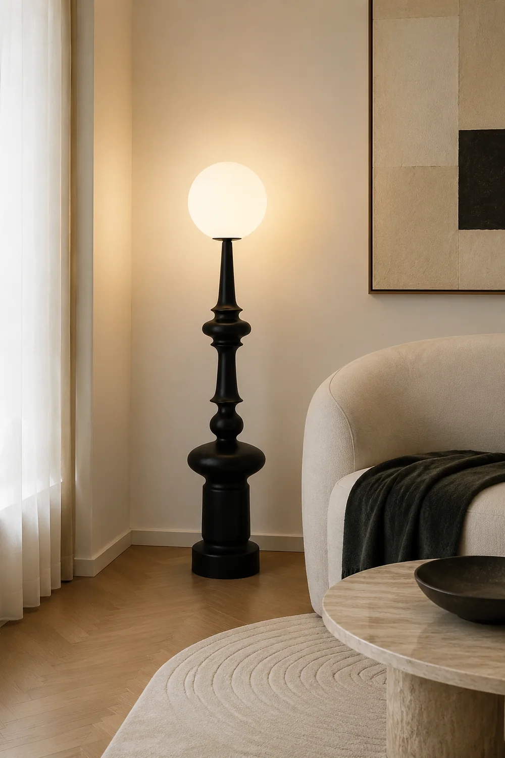 Salgado Retro Column Glass/Resin Floor Lamp, Black, Bedroom - Lumpaz