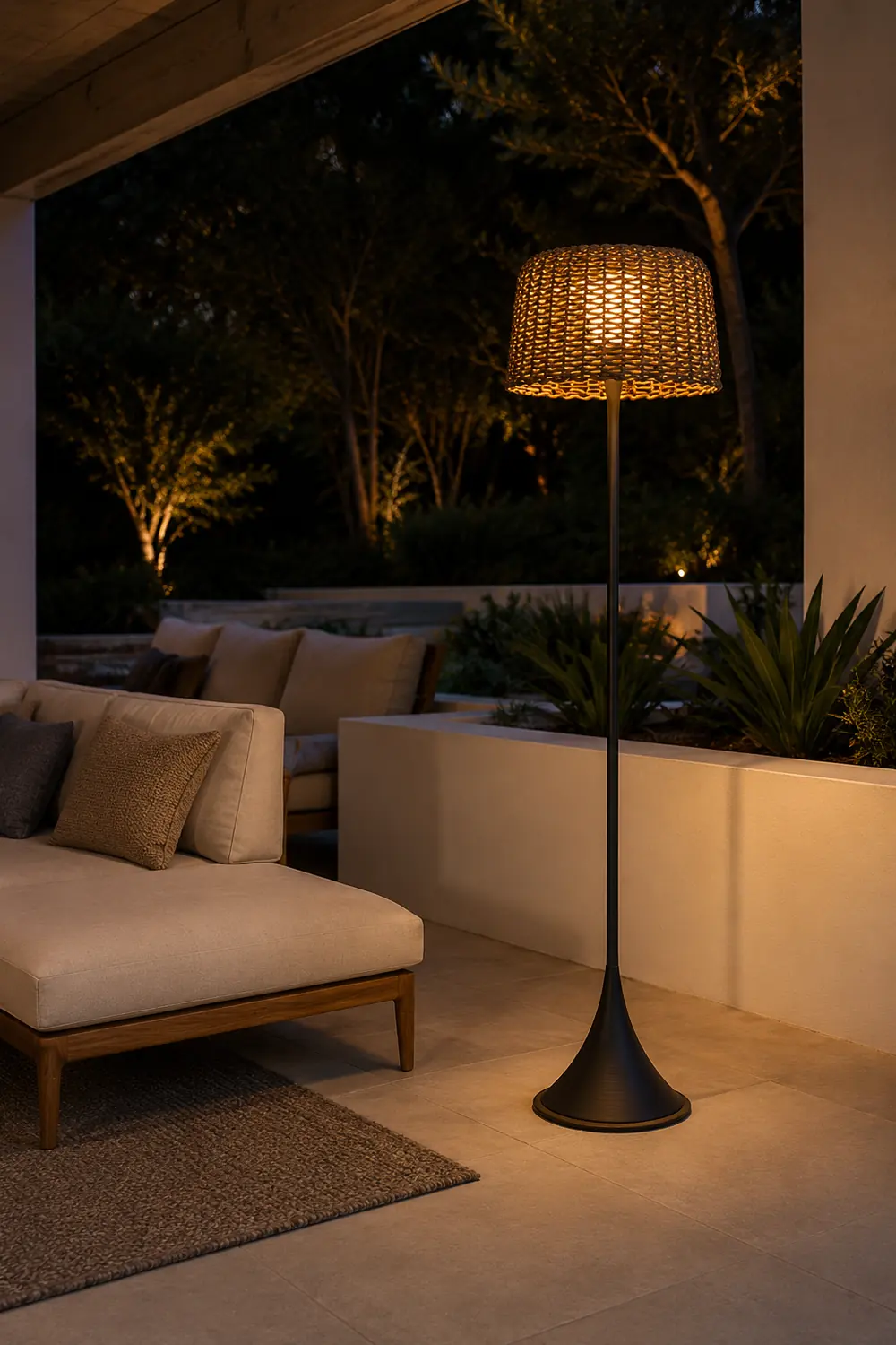 Ritta Waterproof Outdoor Floor Lamp, Rattan Black/White Balcony/Terrace - Lumpaz