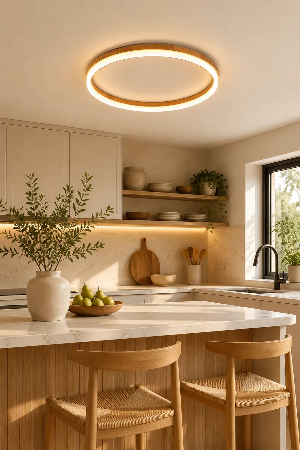 Ozawa Round Modern Flush Mount Ceiling Light Wood Acrylic Bedroom - Lumpaz