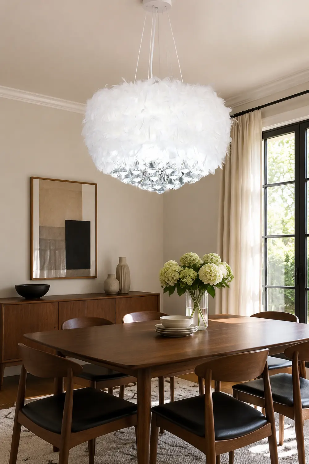 O'Moore Modern Luxury Round Chandelier, Feather/Crystal, White - Lumpaz