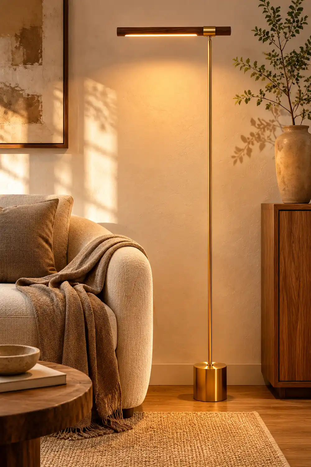 Edge Floor Lamp Linear Minimalist, Metal/Wood, Gold, Living Room - Lumpaz