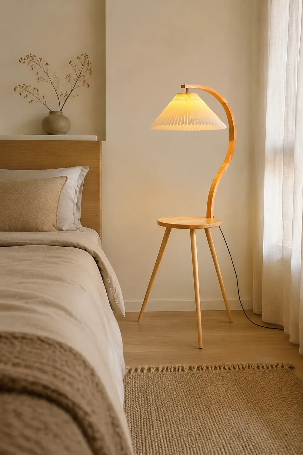 Ozawa Modern Pleated Wood Fabric Bedside Table Floor Lamp - Lumpaz
