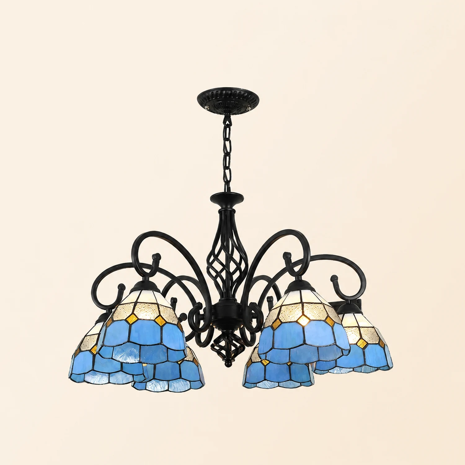 Silva Tiffany Mediterranean Branch Metal Chandelier, White/Blue/Navy Blue - Lumpaz