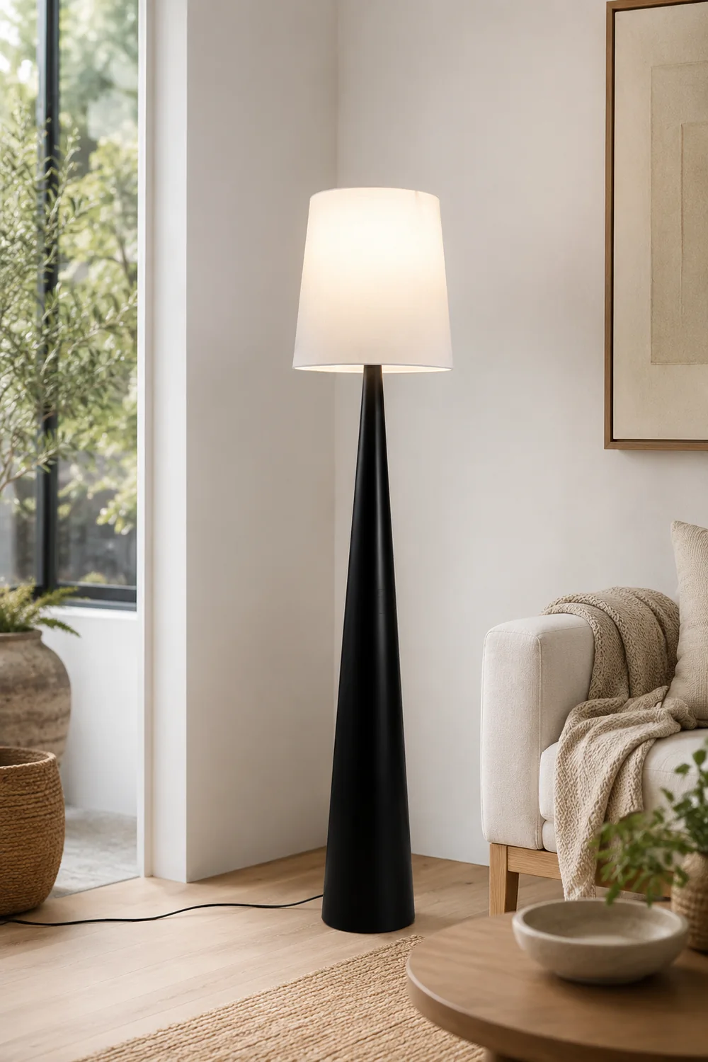Eryn Floor Lamp Cone Shaped Nordic, Fabric Art, White, Living Room - Lumpaz
