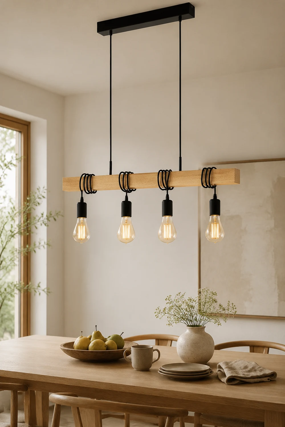 Alessio Rustic Linear Wood Pendant Light, Black, 4 Heads - Lumpaz