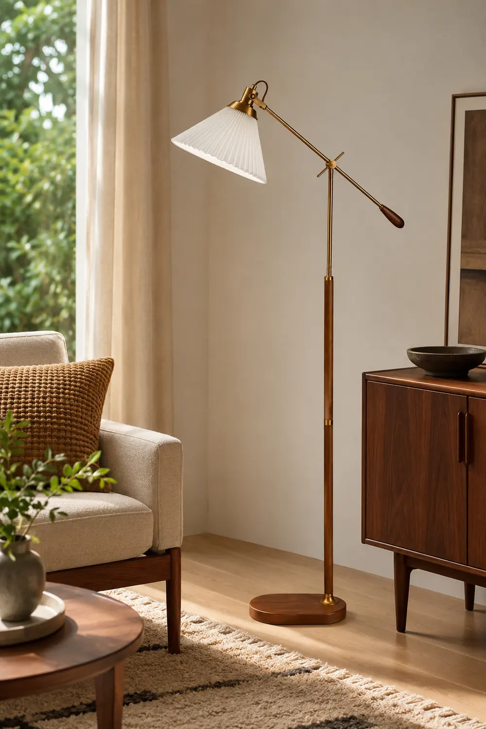 Ozawa Floor Lamp Pleated Retro, Metal/Wood, Living Room - Lumpaz