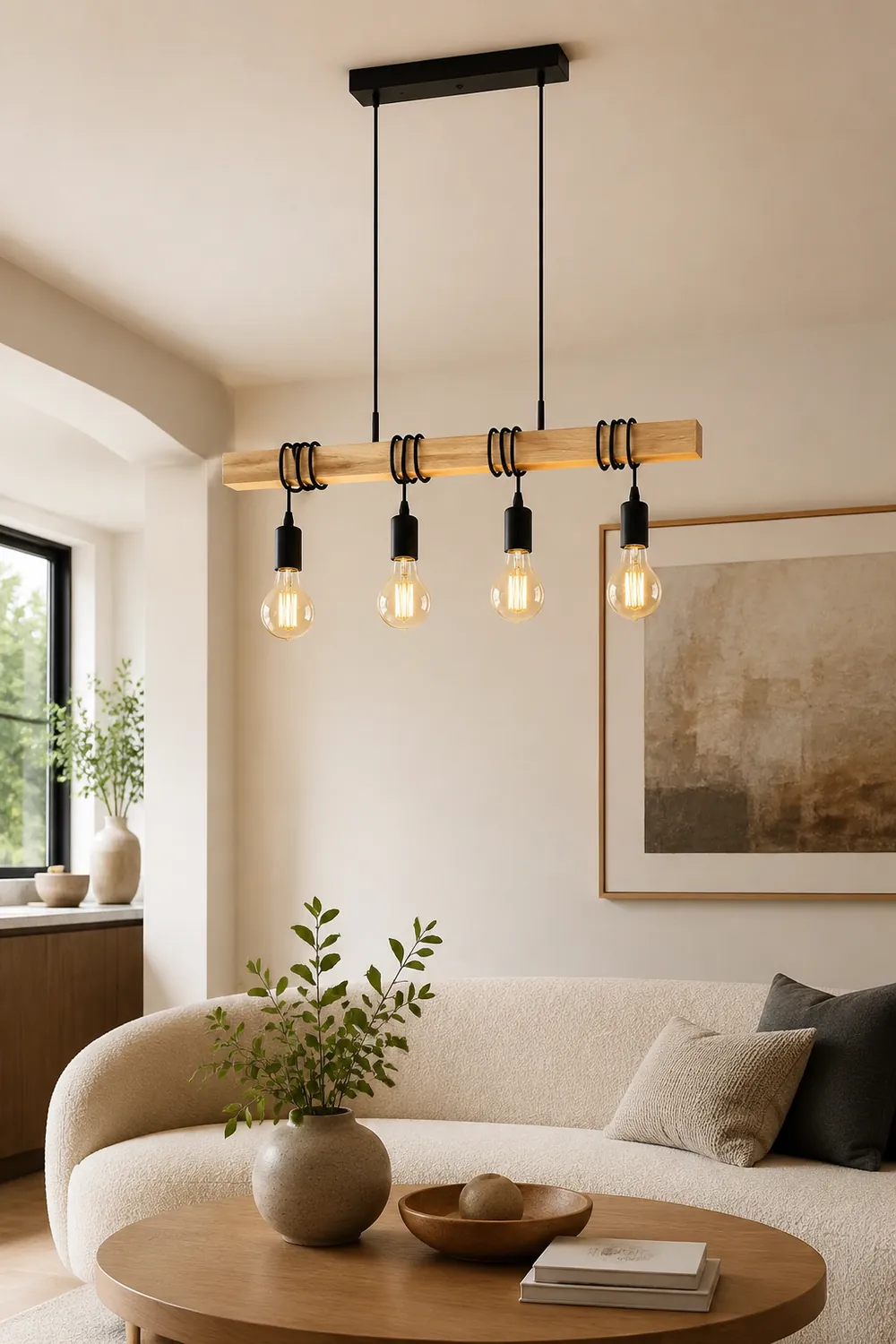 Alessio Rustic Linear Wood Pendant Light, Black, 4 Heads - Lumpaz