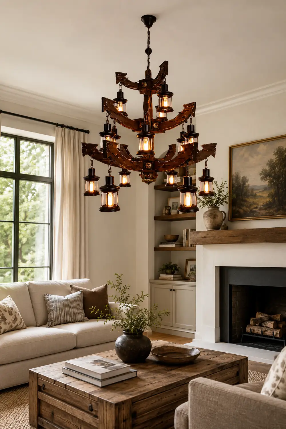 Austin Retro 14 Lantern Wood/Metal Chandelier Living Room/Bedroom - Lumpaz