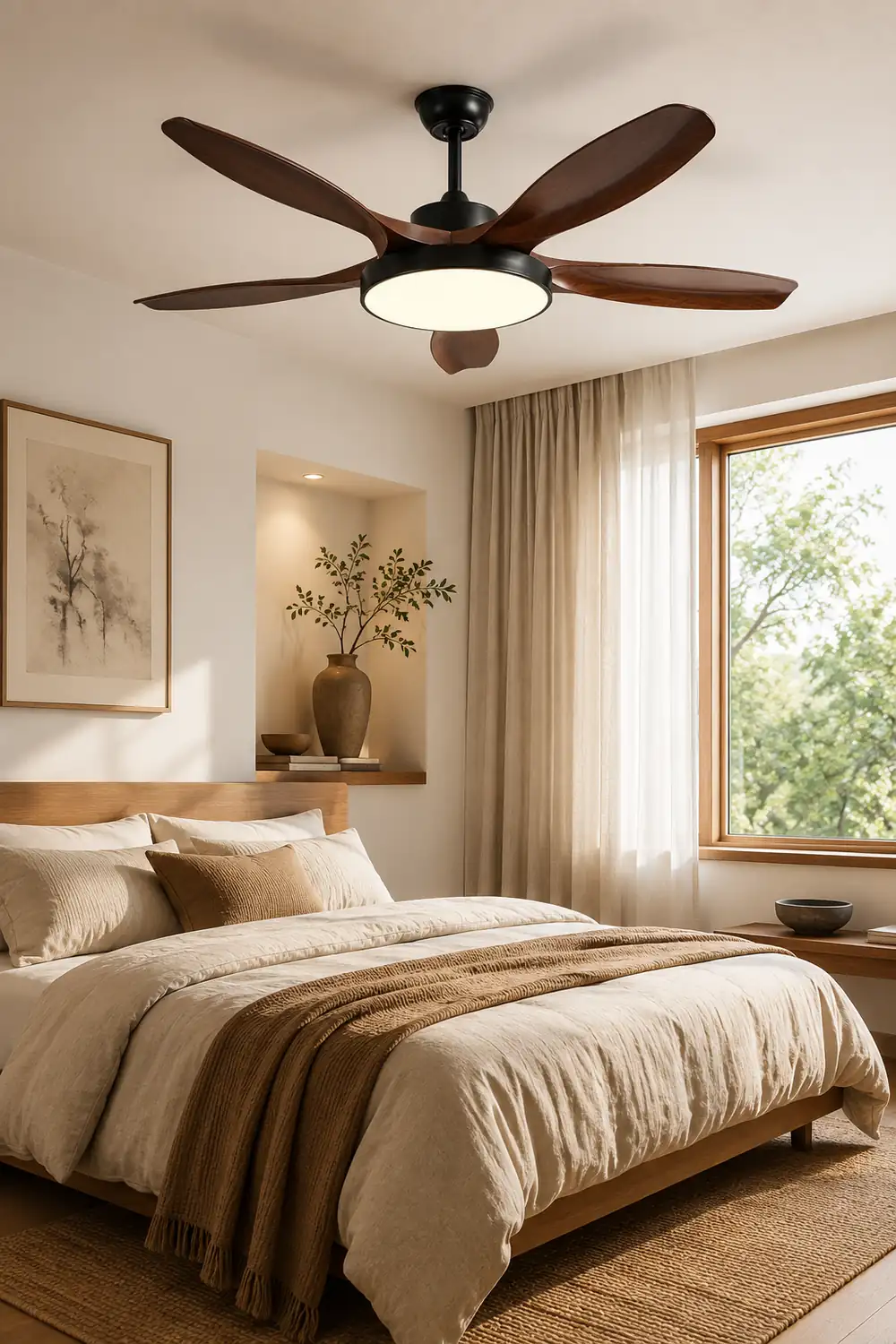 Ozawa Basic White & Black 5-Blade DC Ceiling Fan with Light, Wooden, 51'' - Lumpaz