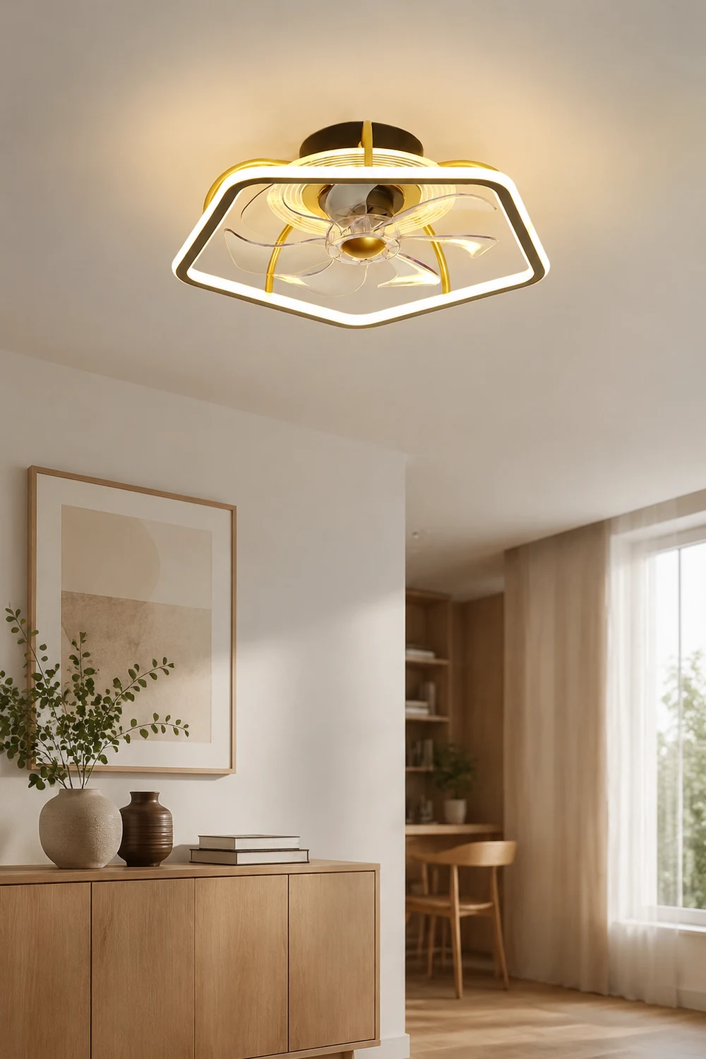 Edge 7-Blade Pentagon Black Ceiling Fan with Light, L 19" - Lumpaz
