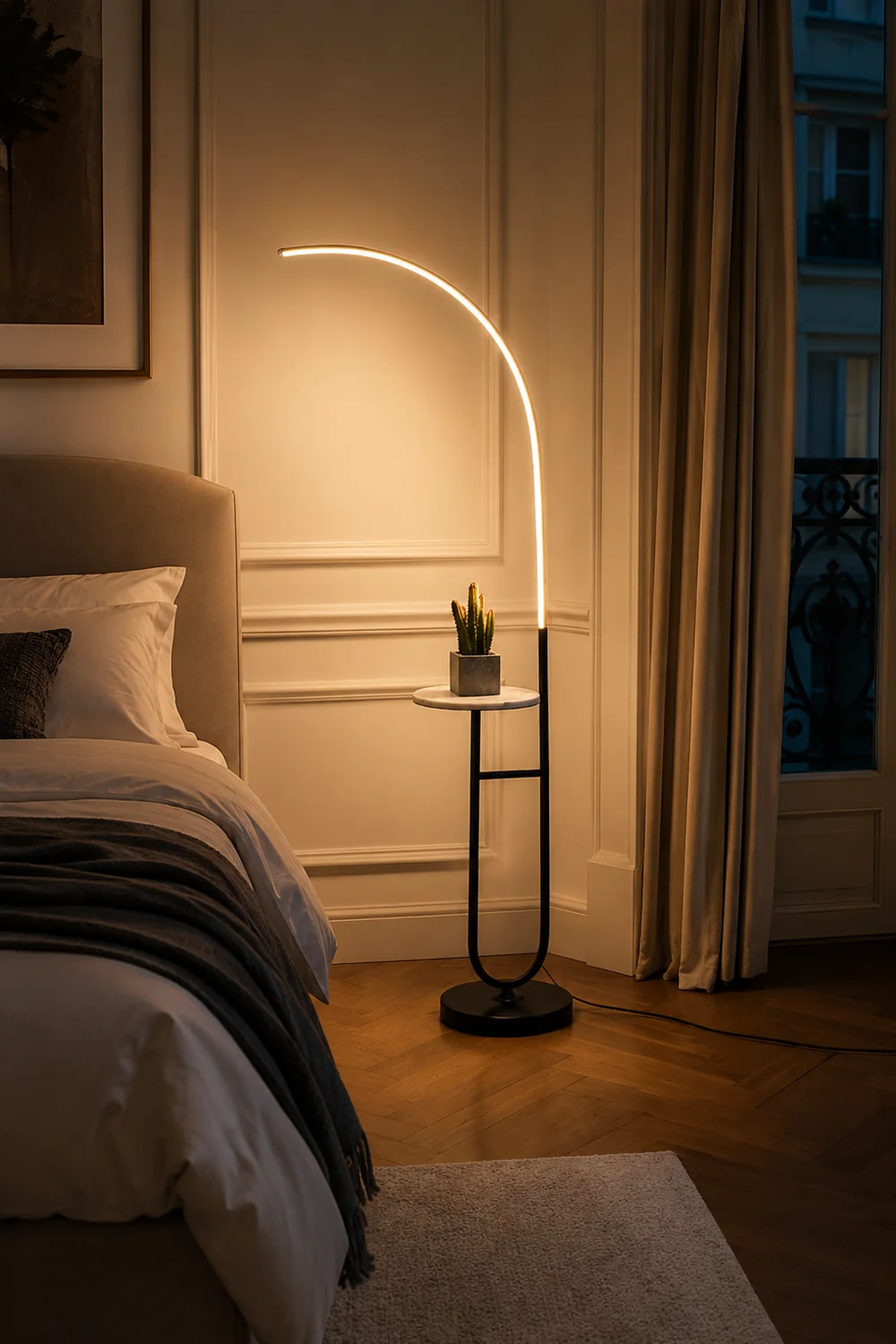Edge Floor Lamp Bedside Table Modern, Marble/Acrylic, Black, Bedroom - Lumpaz