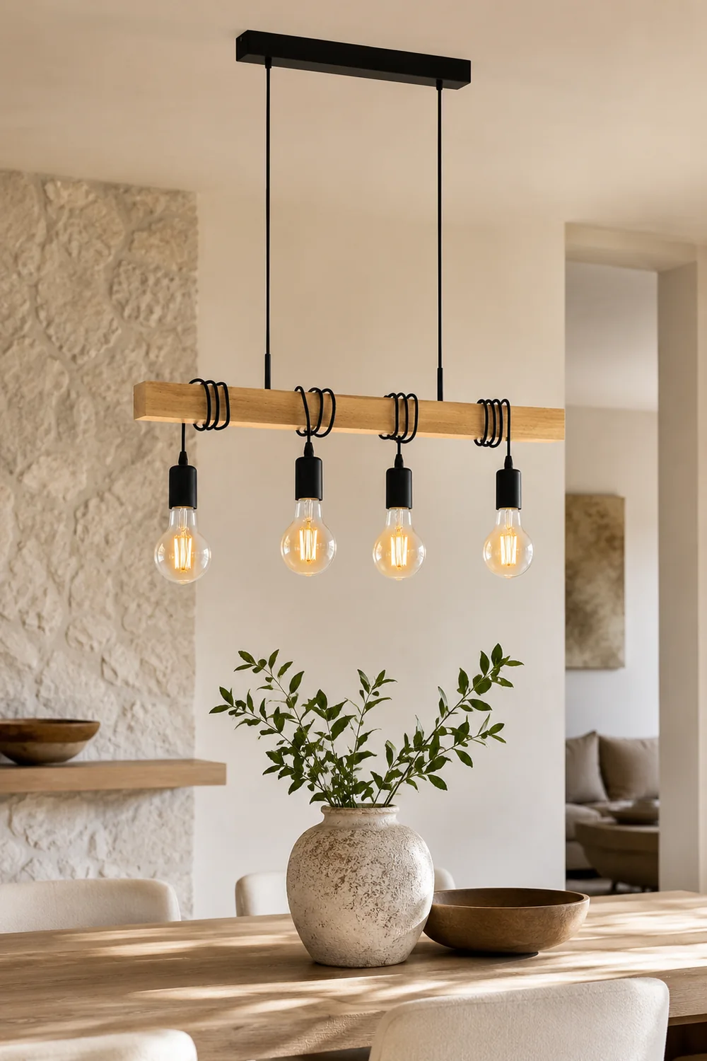 Alessio Rustic Linear Wood Pendant Light, Black, 4 Heads - Lumpaz