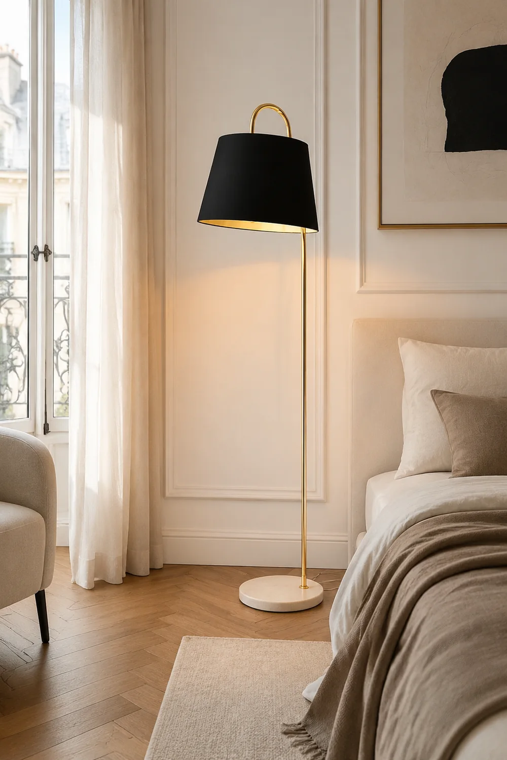 Eryn Modern Arch Cylinder Metal Fabric Floor Lamp, Black/White - Lumpaz