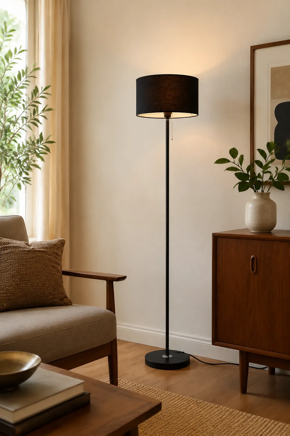 Eryn Floor Lamp Cylinder Modern, Metal/Fabric, Black/White/Gold, Bedroom - Lumpaz