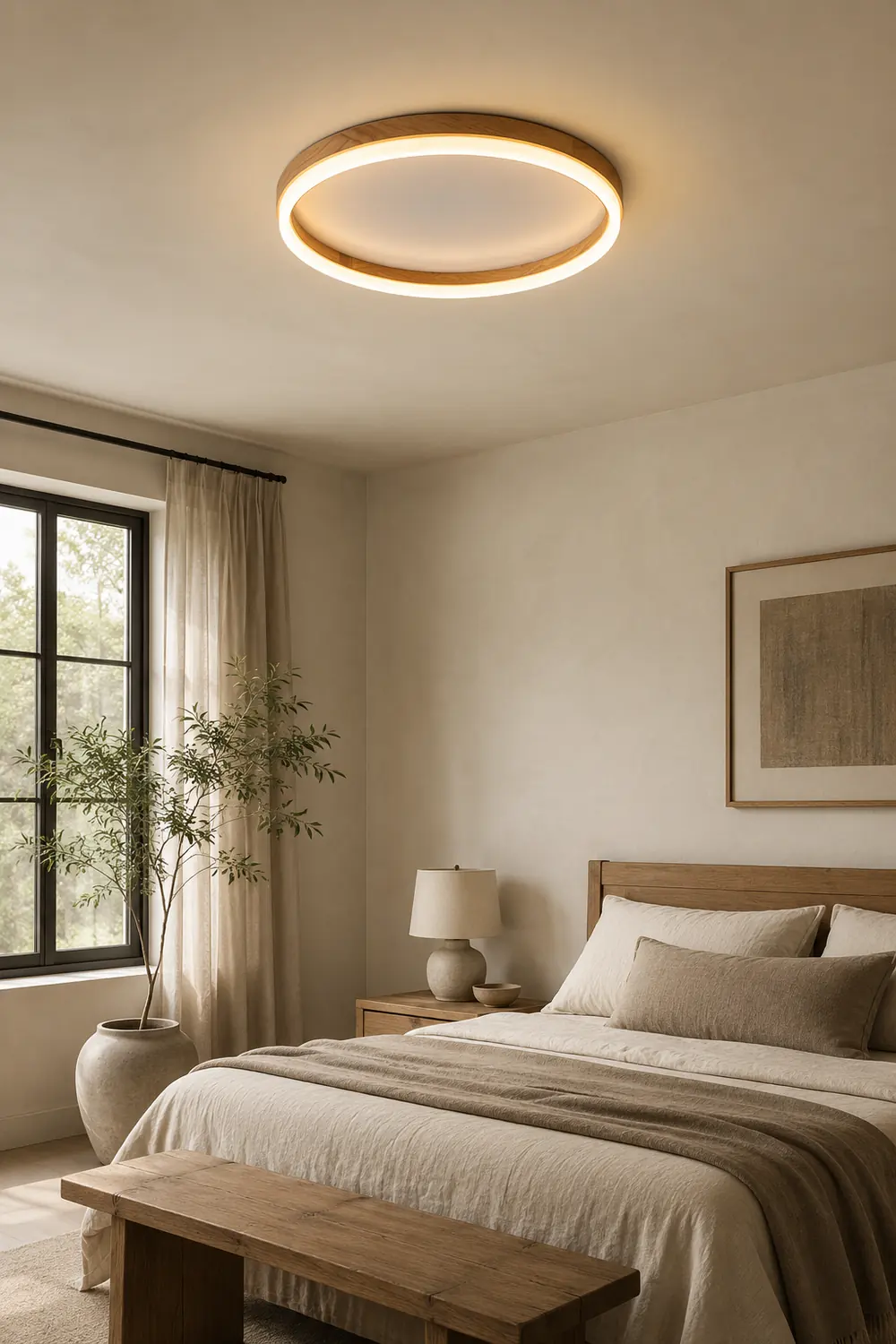 Ozawa Round Modern Flush Mount Ceiling Light Wood Acrylic Bedroom - Lumpaz