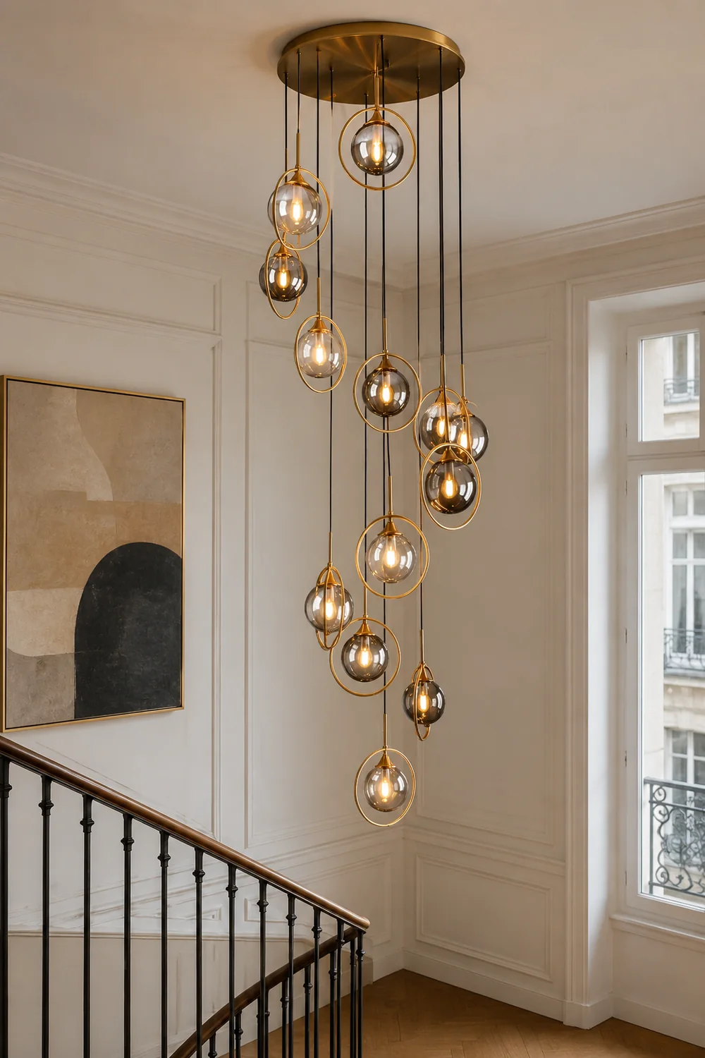 Hailie Modern Spiral Ball Glass Staircase Chandelier, Clear/Amber/Smoke Gray - Lumpaz