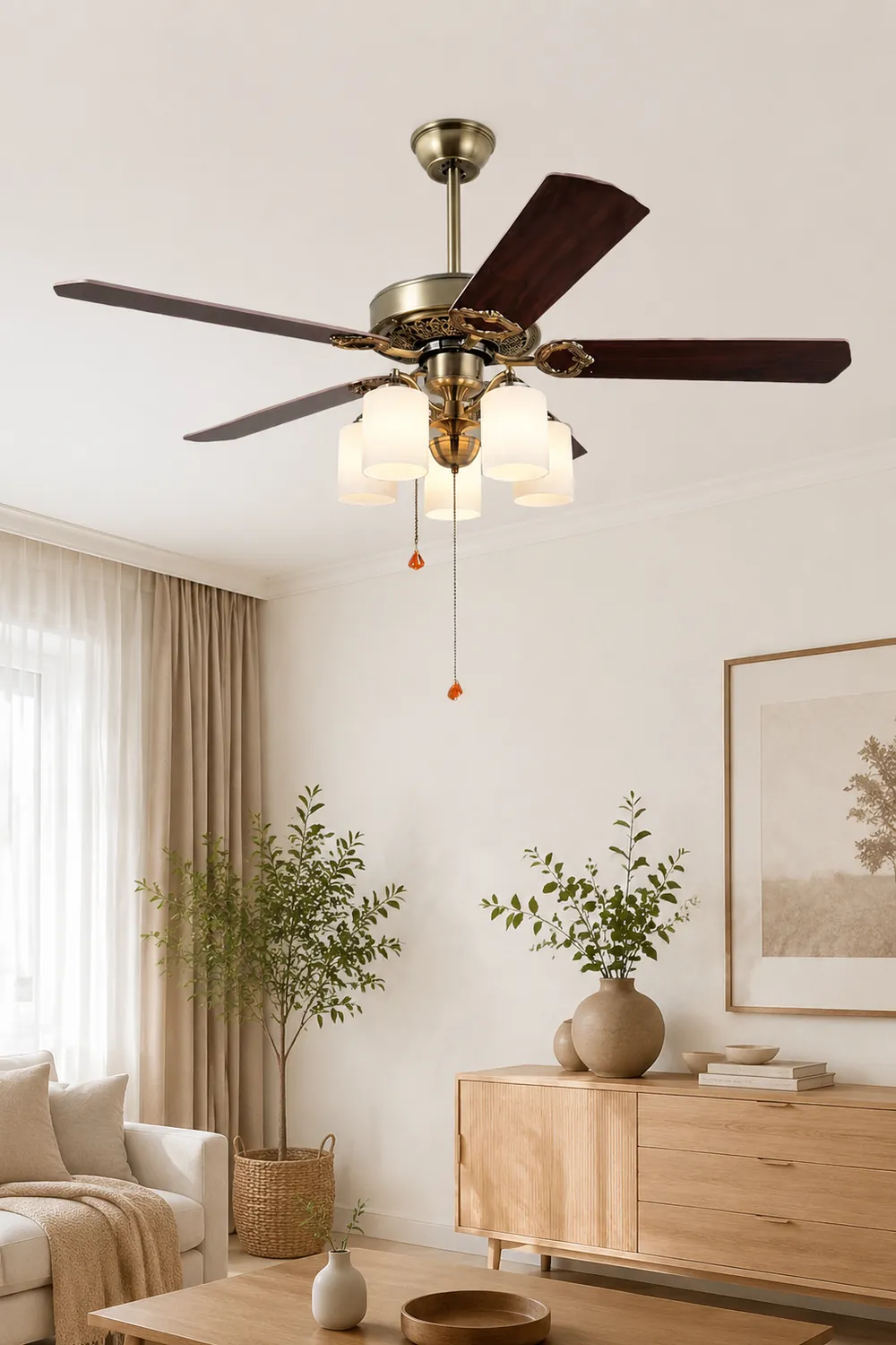 Alessio 5-Blade Rustic DC Ceiling Fan with Light, Brass, 48'' - Lumpaz