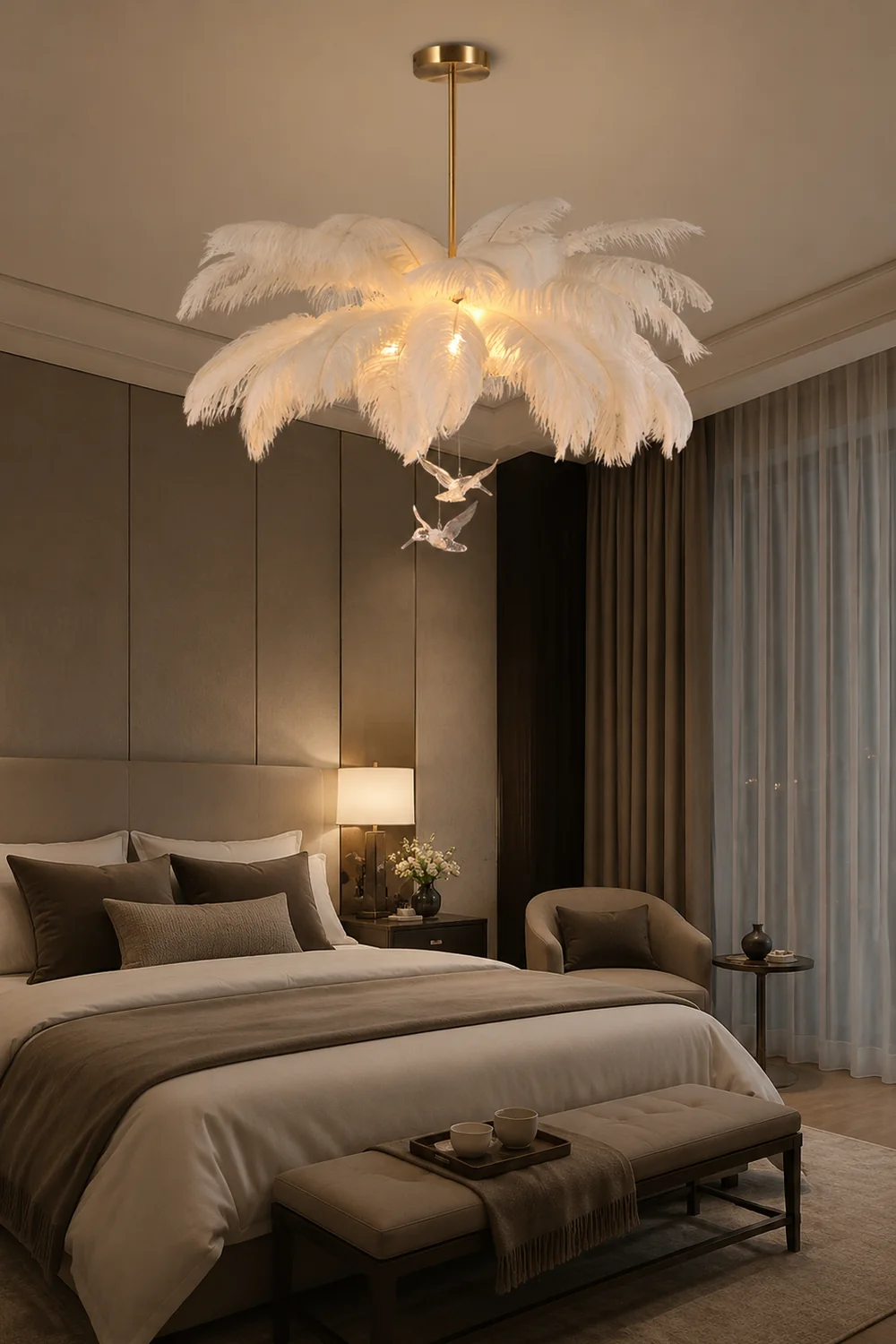 O'Moore Ostrich Contemporary Elegant Feather Chandelier, White - Lumpaz