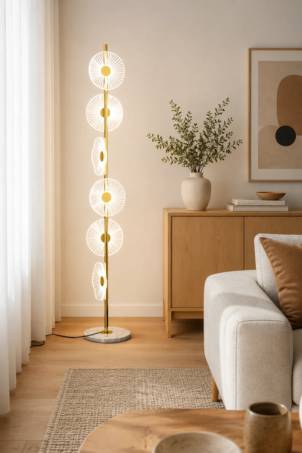 Carins Floor Lamp Creative Circle Modern, Acrylic, White/Gold, Bedroom - Lumpaz