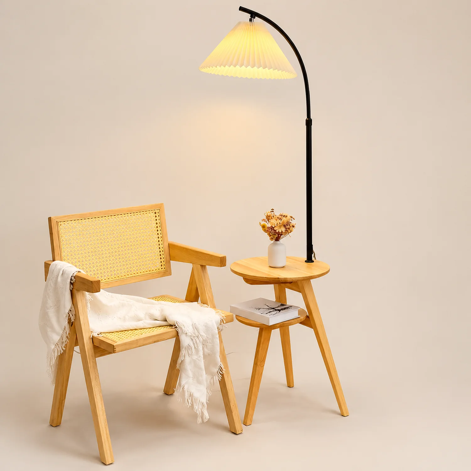 Ozawa Retro Pleated Metal & Wood Floor Lamp /w Bedside Table - Lumpaz
