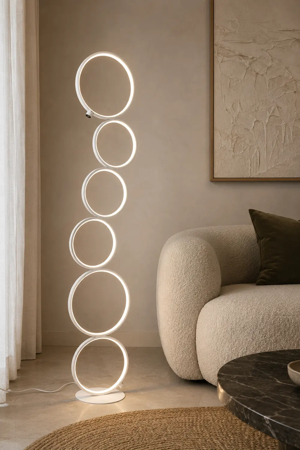 Arisha Floor Lamp Multi-ring Modern, Metal/Silicon, White/Black, Bedside - Lumpaz