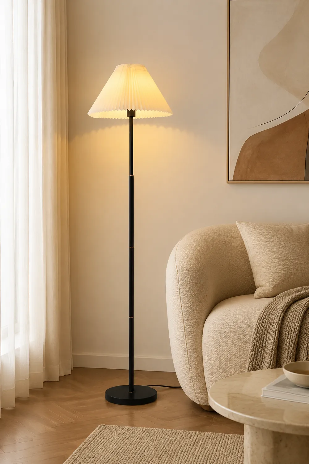 Ozawa Modern Pleated Metal Fabric Floor Lamp, White/Green/Apricot - Lumpaz