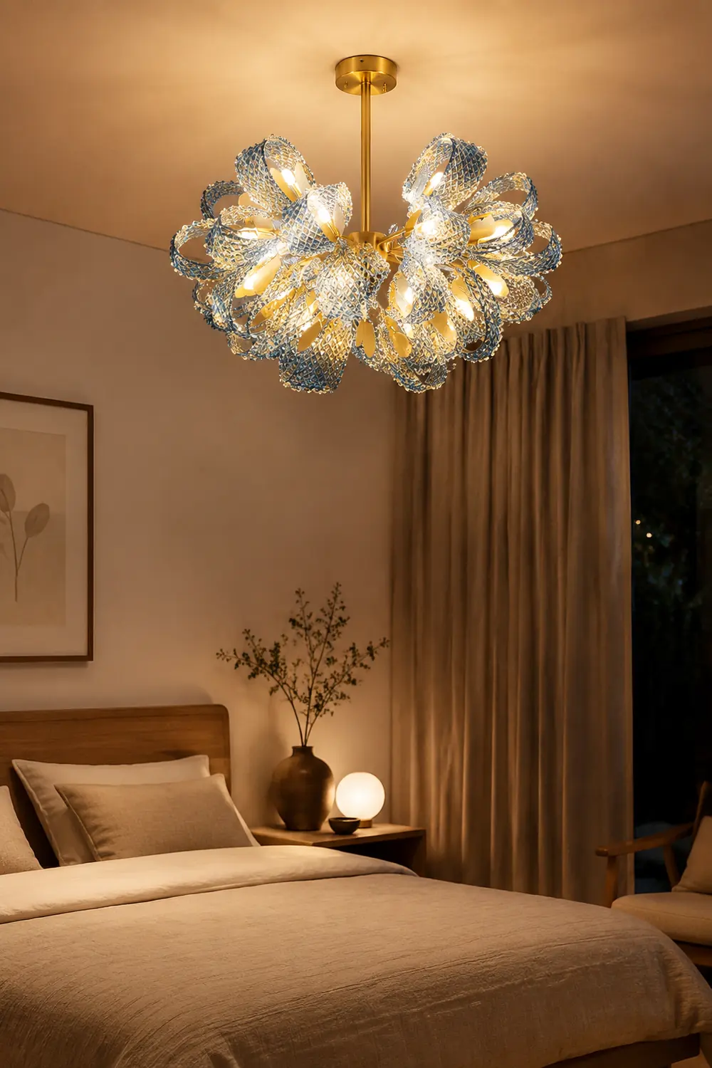 Hailie Vintage Art Deco Blue Glass Chandelier Living Room - Lumpaz