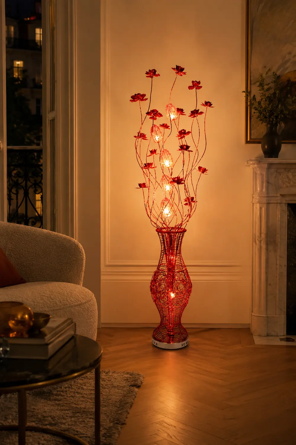 Bella Art Deco Flower Vase Metal Red Floor Lamp, Living Room - Lumpaz