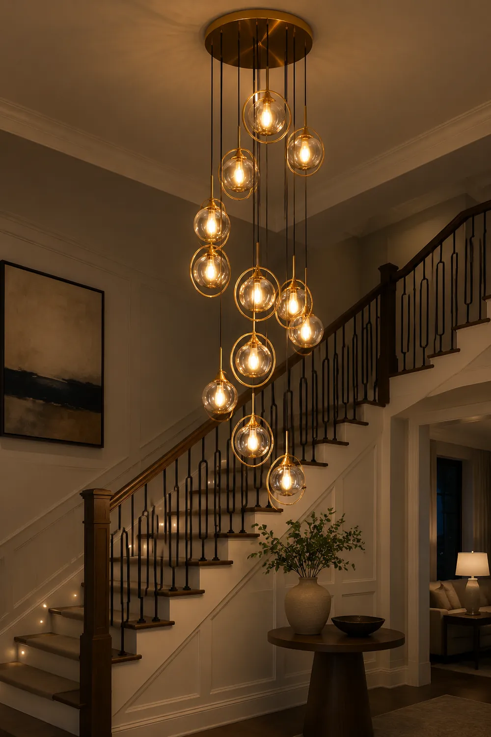 Hailie Modern Spiral Ball Glass Staircase Chandelier, Clear/Amber/Smoke Gray - Lumpaz