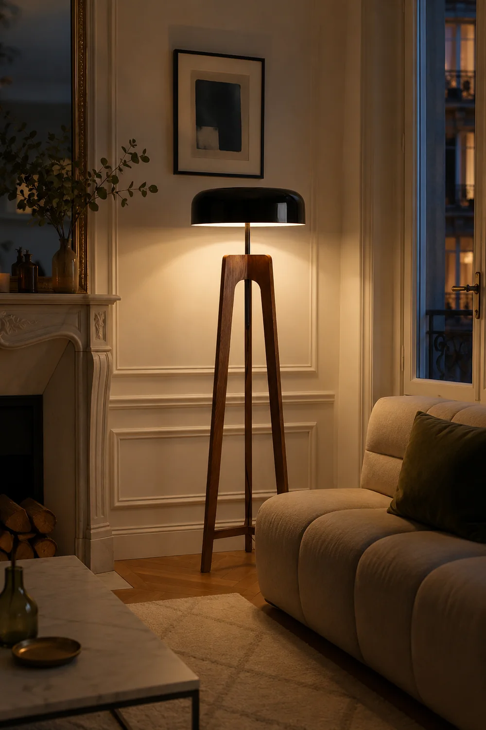 Ozawa Modern Bowl Tripod Wood Metal Floor Lamp, Black/White - Lumpaz